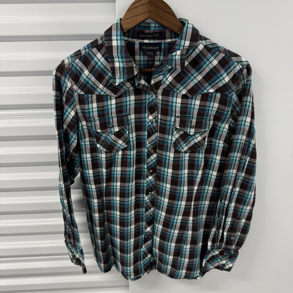 Ariat Pendleton Womens XL Western Shirt Plaid Pearl Snap Turquoise Cowgirl